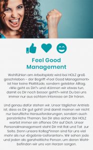Jubelnde Frau mit lockigen Haaren über einem Informationstext zum Thema Feel Good Management bei HOLZ.